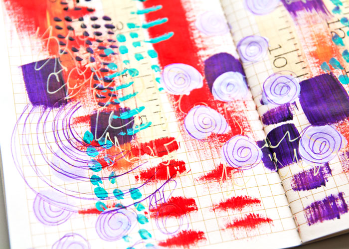 close up of the Purple and red painted traveller's journal page by Kim Dellow