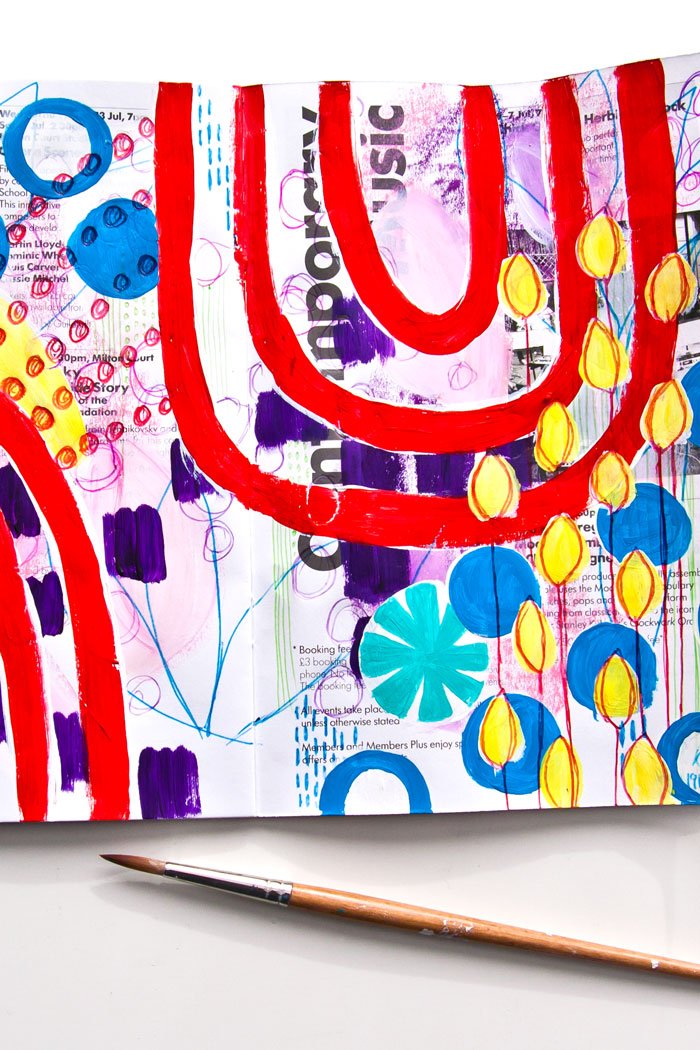Bright mixed media art by Kim Dellow