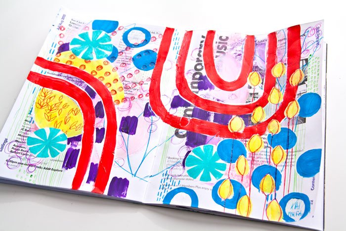 close-up of Bright mixed media art by Kim Dellow