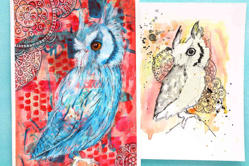 two owls in mixed media