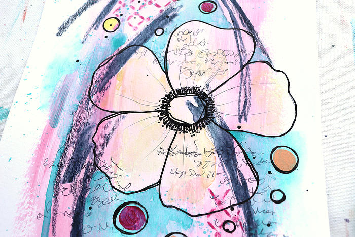 Close up of a big mixed media flower illustration using 9 art prompts from Kim Dellow