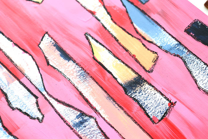 close-up of Lines of bright contrasting colour from an acrylic paint background by Kim Dellow