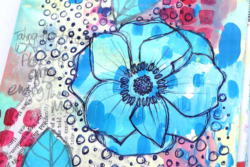 side view of 10 Mixed Media Art Prompts floral art journal page by Kim Dellow