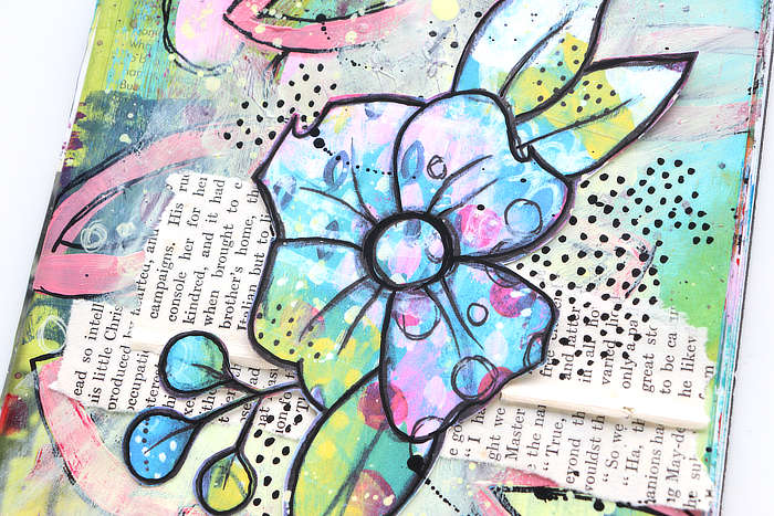 close-up of Big flower art journal page in blue, purple and bright green by Kim Dellow
