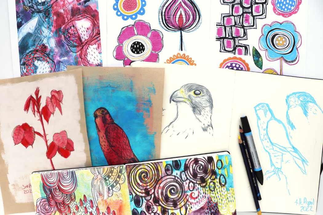 A mixture of art, falcons, rose leaves, inktense doodles, and doodle downloads, all done by Kim Dellow.